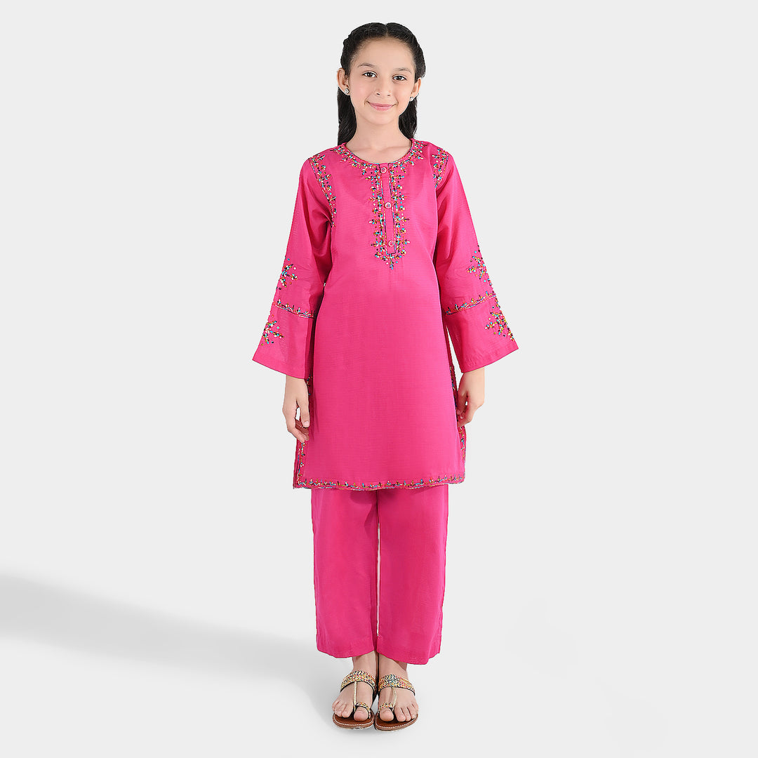 Girls Cotton Emb 2Pcs Naaz- Bright Pink