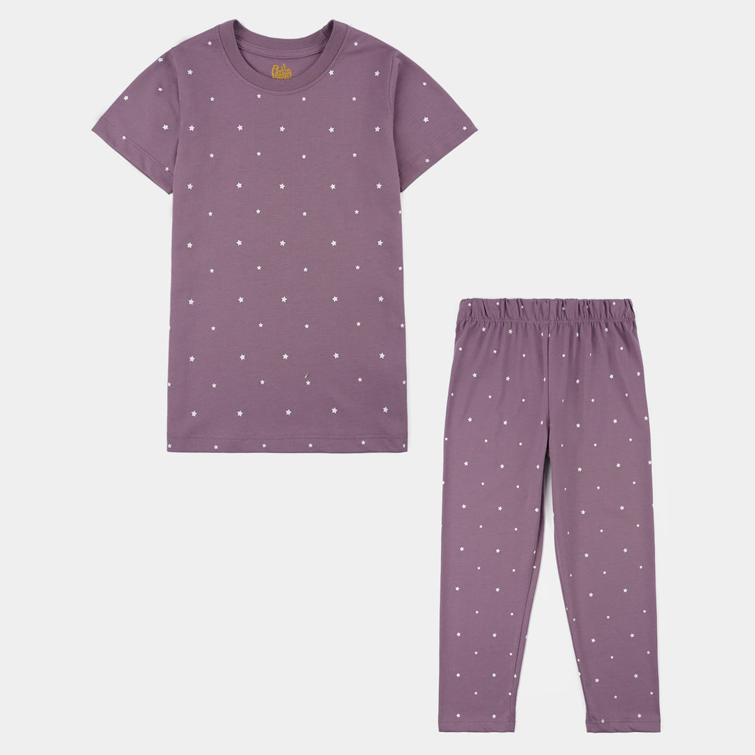 Girls Poly Cotton Jersey 2PC Set – Purple