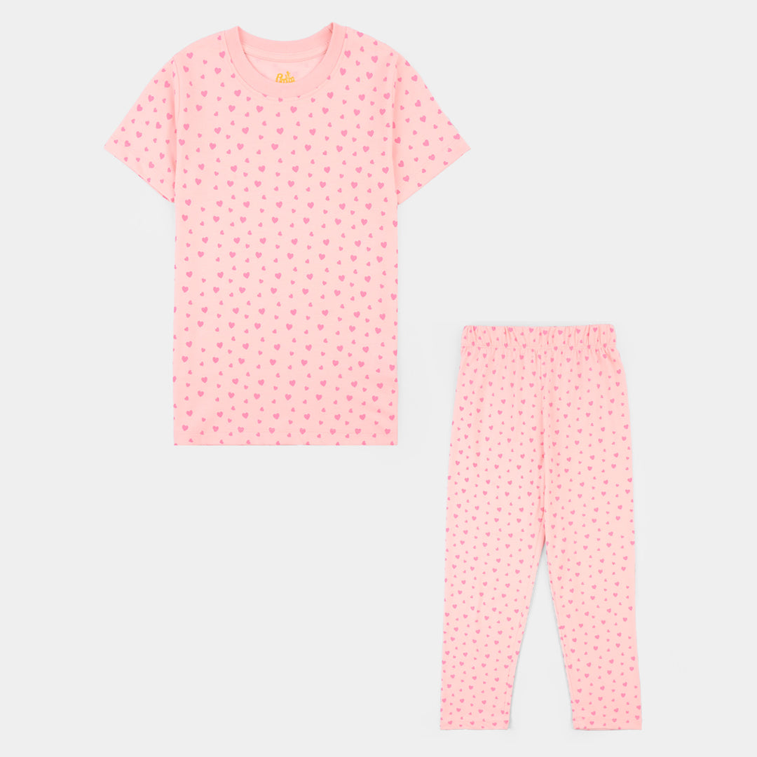 Girls Poly Cotton Jersey Night Suit HEARTS-Pink