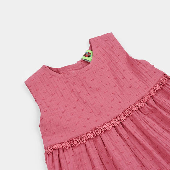 Infant Girls Cotton Brochia Casual Frock Candy-Pink