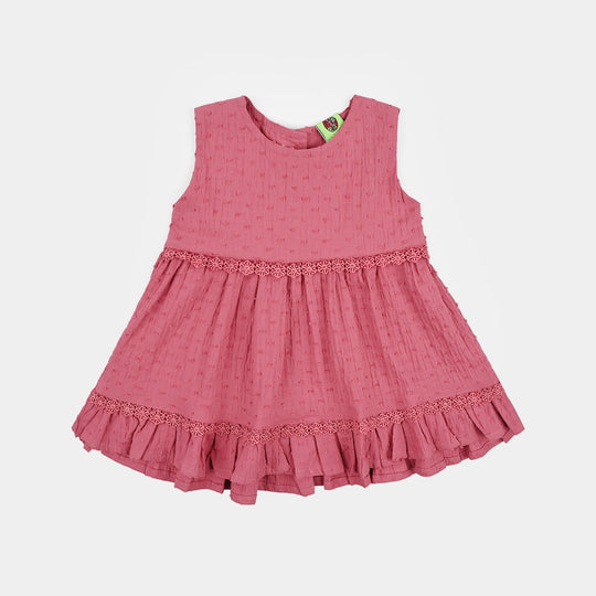Infant Girls Cotton Brochia Casual Frock Candy-Pink
