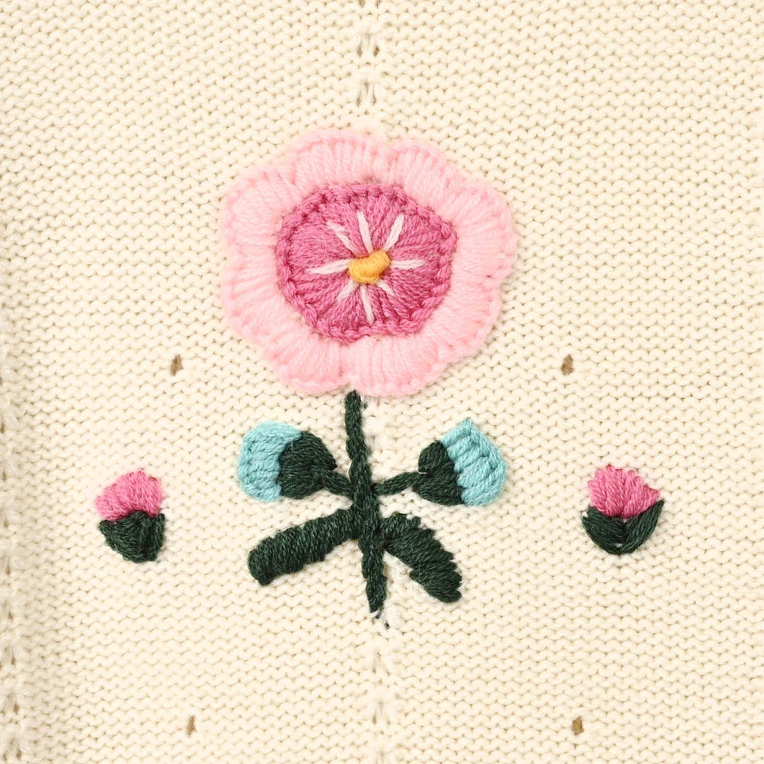 Girls Acrylic Sweater Pink Flora - Off White
