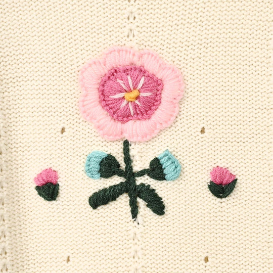 Girls Acrylic Sweater Pink Flora - Off White