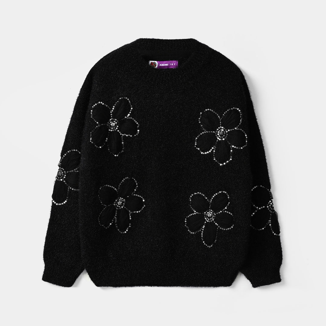 Girls Feather Acrylic Sweater Floral Sequence - Black