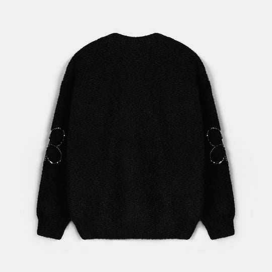 Girls Feather Acrylic Sweater Floral Sequence - Black