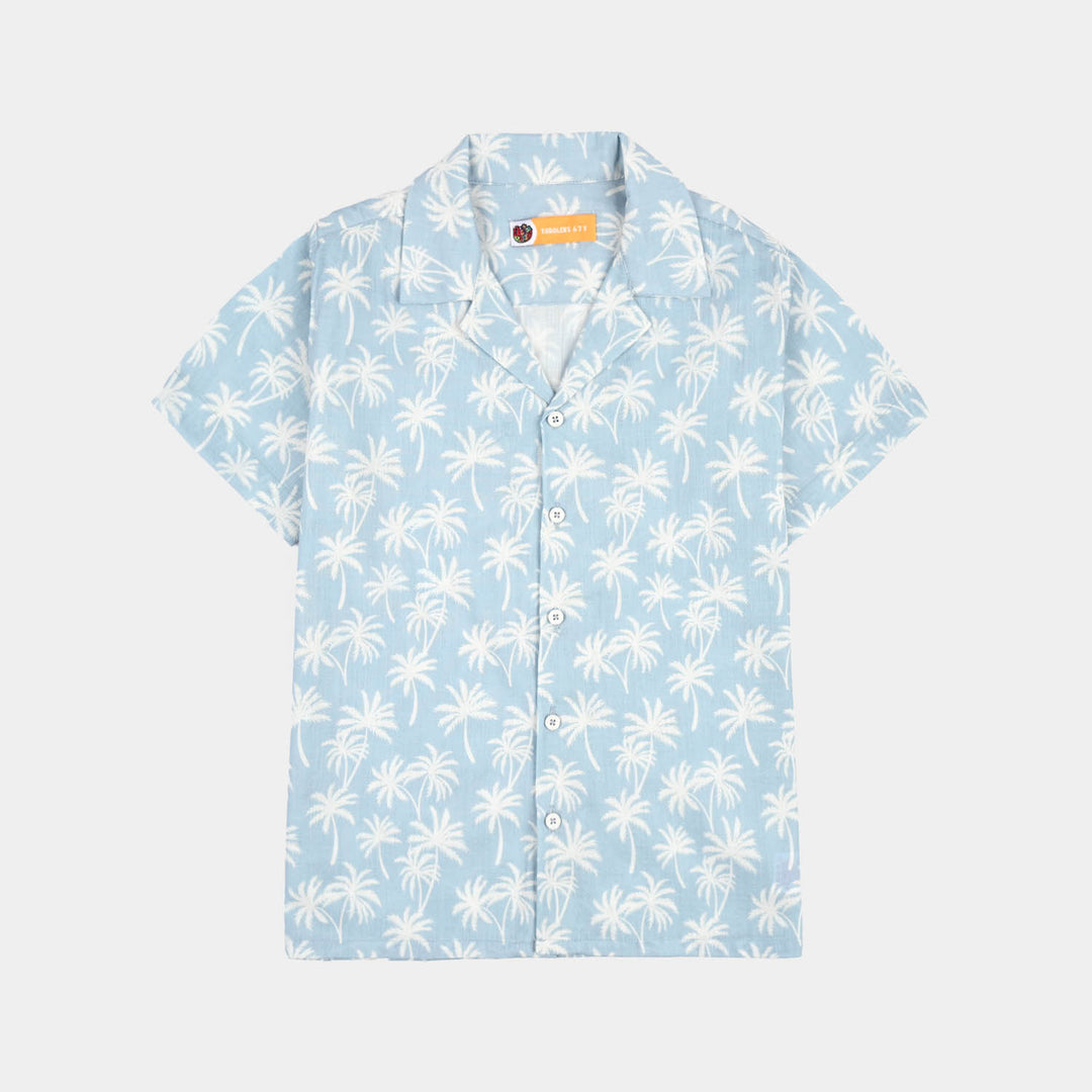 Boys Cotton Slub Shirt (Palm N Palm)-Blue