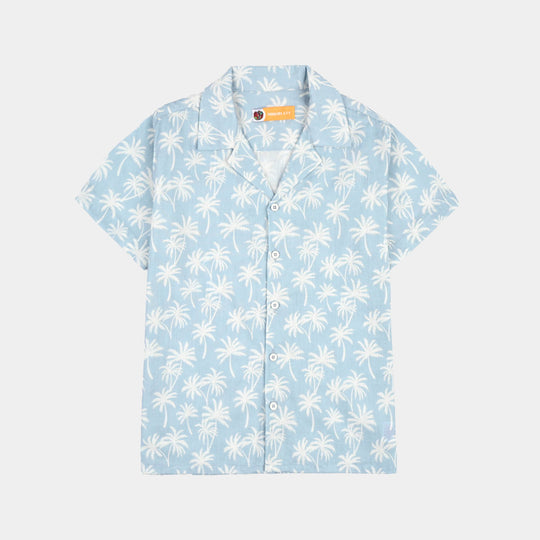 Boys Cotton Slub Shirt (Palm N Palm)-Blue
