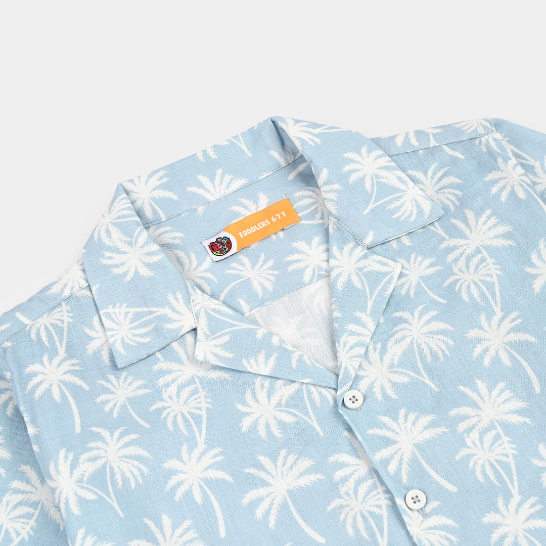 Boys Cotton Slub Shirt (Palm N Palm)-Blue