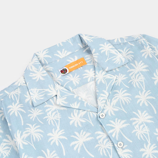 Boys Cotton Slub Shirt (Palm N Palm)-Blue