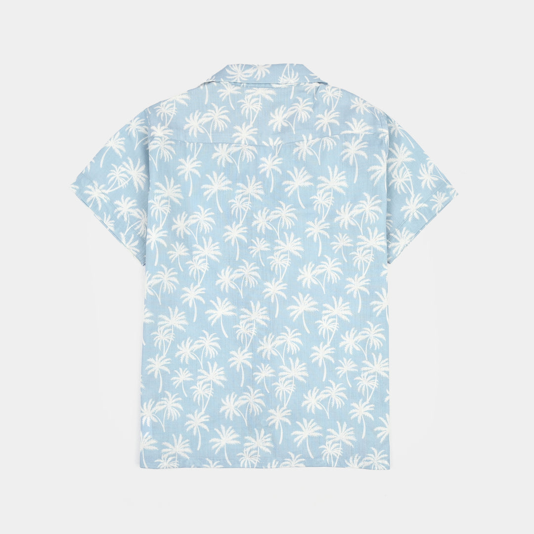 Boys Cotton Slub Shirt (Palm N Palm)-Blue