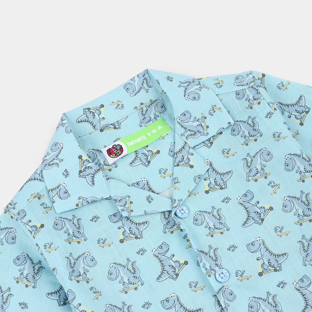 Infant Boys Cotton Slub Shirt (Dino)-Blue