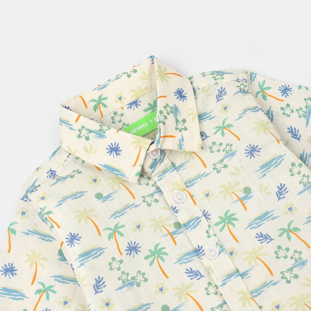 Infant Boys Cotton Slub Shirt (Palm Tree)-White