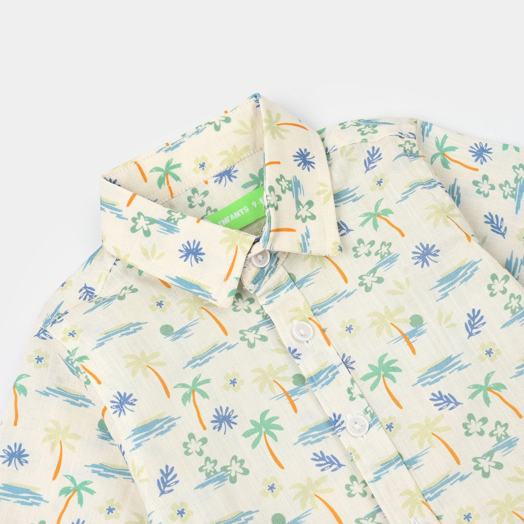 Infant Boys Cotton Slub Shirt (Palm Tree)-White
