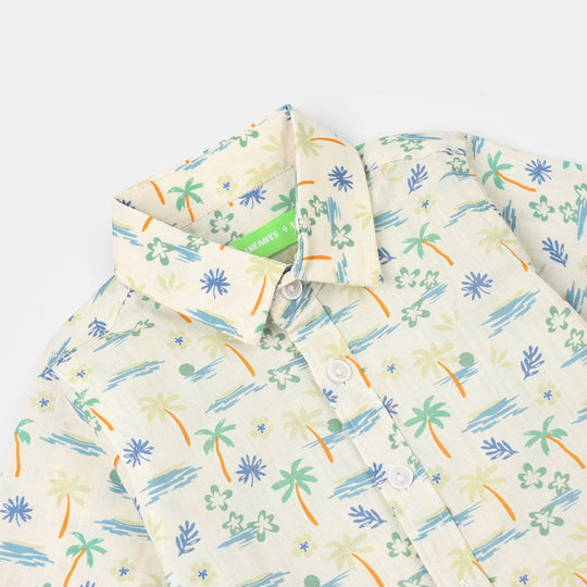 Infant Boys Cotton Slub Shirt (Palm Tree)-White