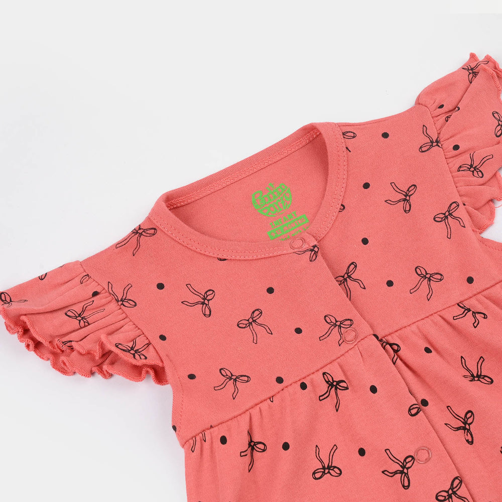 Infant Girls Cotton Interlock Fashion Romper Dotted Bow-Pink