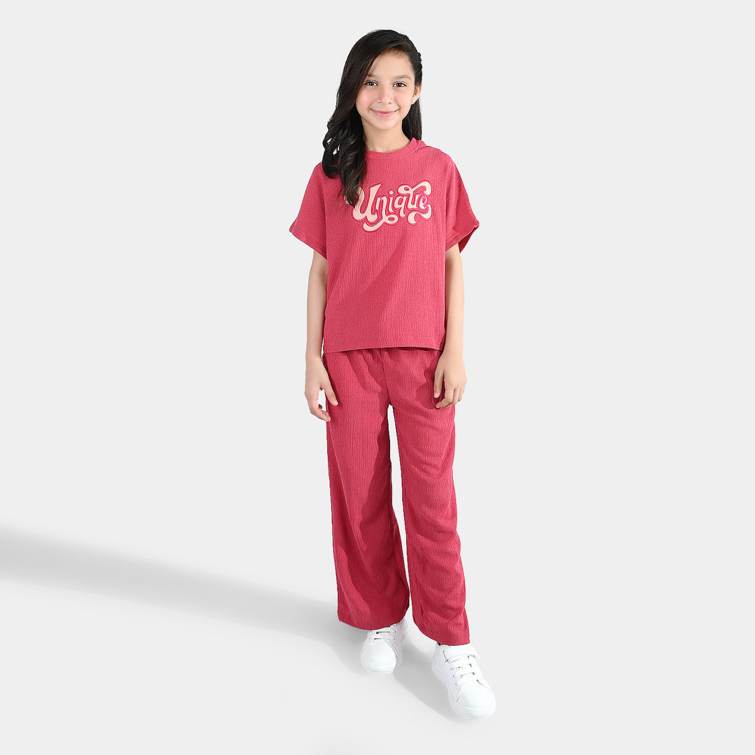 Girls Poly Crinkle 2 Piece suit Unique-Pink