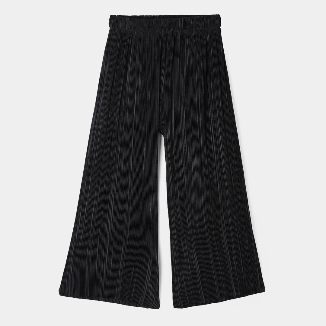 Teens Girls Polyester Pleated Wide Leg Pant – Black