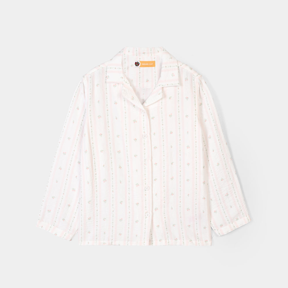 Girls Linen Viscose Nightwear Pink Floral Stripe - White/Pink
