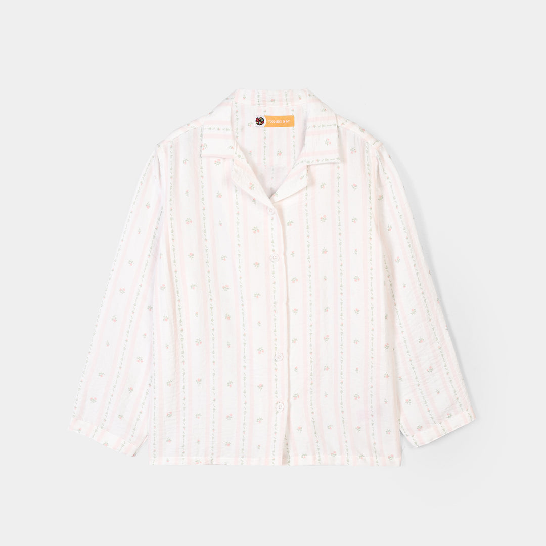Girls Linen Viscose Nightwear Pink Floral Stripe - White/Pink