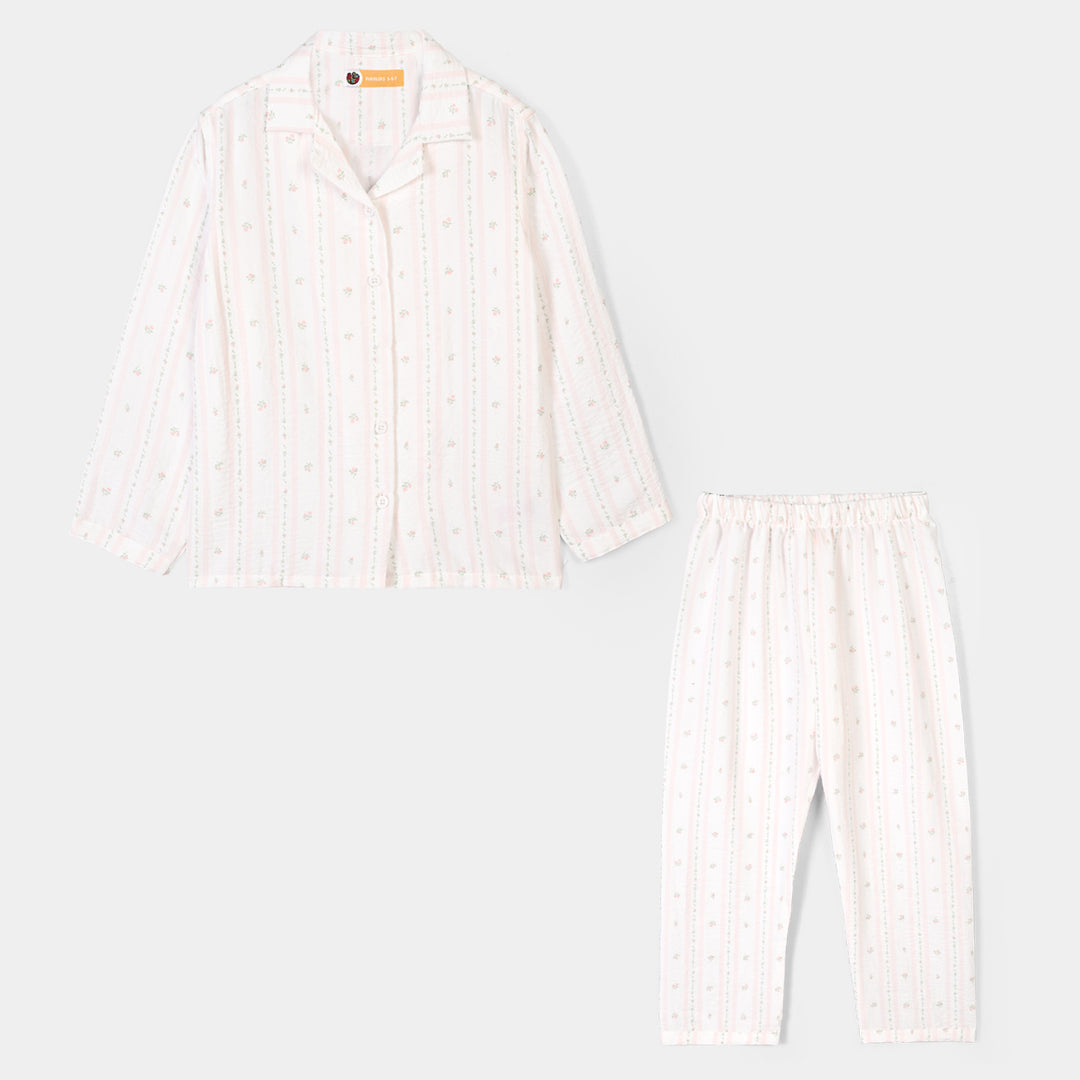 Girls Linen Viscose Nightwear Pink Floral Stripe - White/Pink