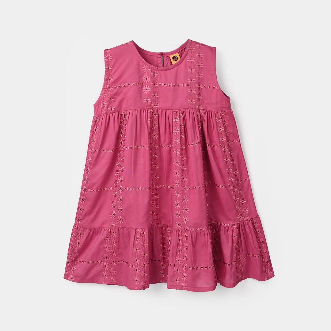 Girls Chikankari Emb Frock Daisy-Pink