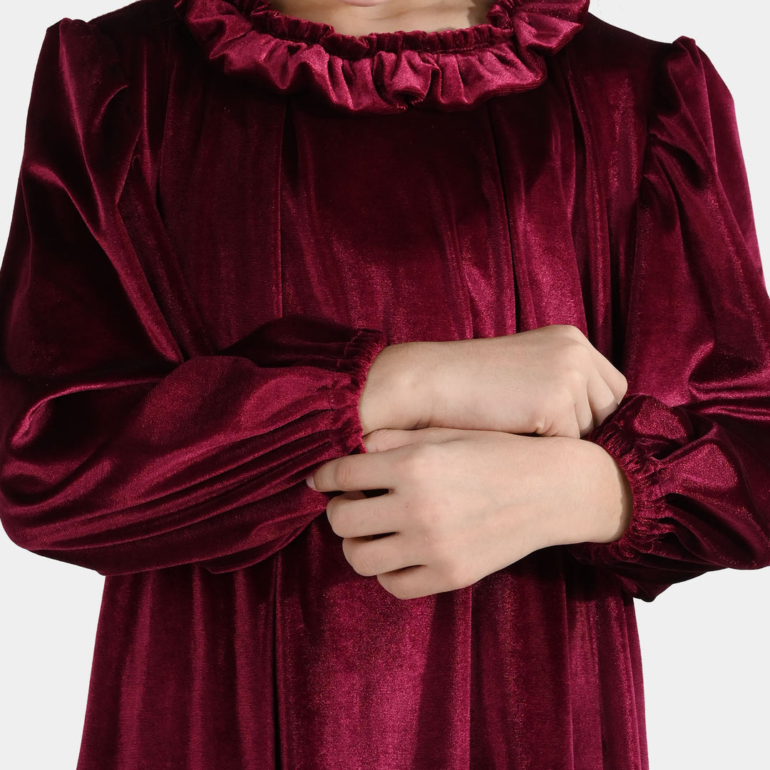 Girls Velvet Casual Frock Dream - Maroon