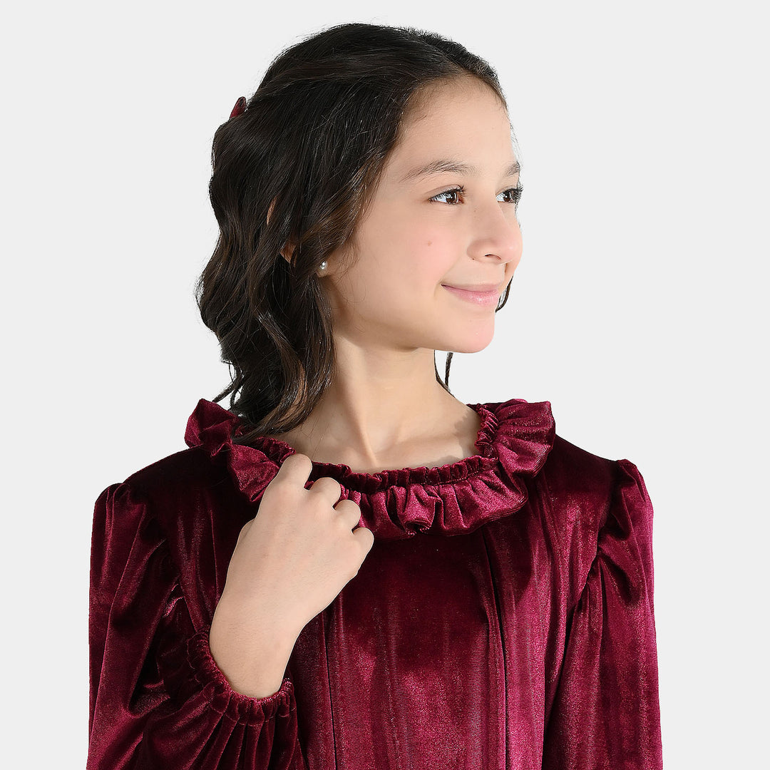 Girls Velvet Casual Frock Dream - Maroon