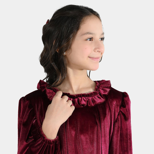 Girls Velvet Casual Frock Dream - Maroon