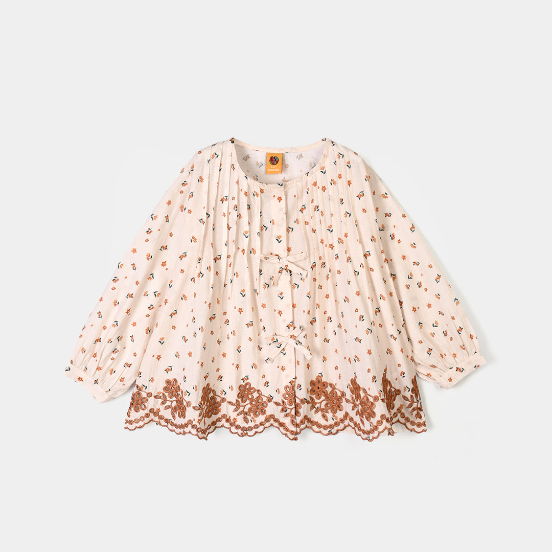 Girls Polyester Emb Top Printed Flowers - Cream