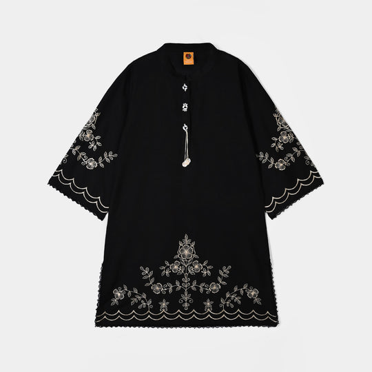 Girls Polyester Emb 2Pcs Flower Art-BLACK