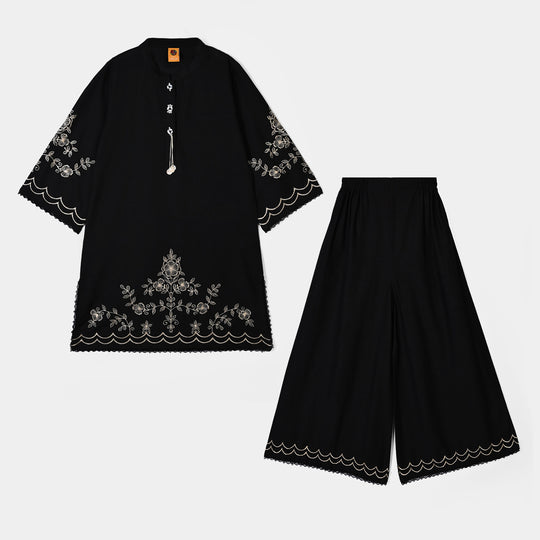 Girls Polyester Emb 2Pcs Flower Art-BLACK