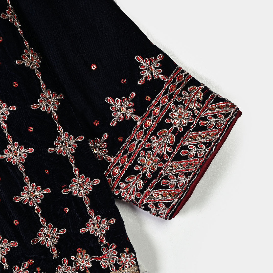 Girls Velvet 3Pcs Libaas-Navy Blue