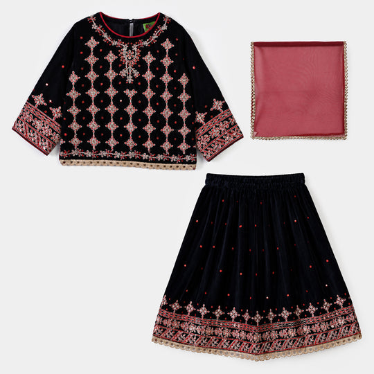 Infant Girls Velvet 3Pcs Libaas-Navy Blue
