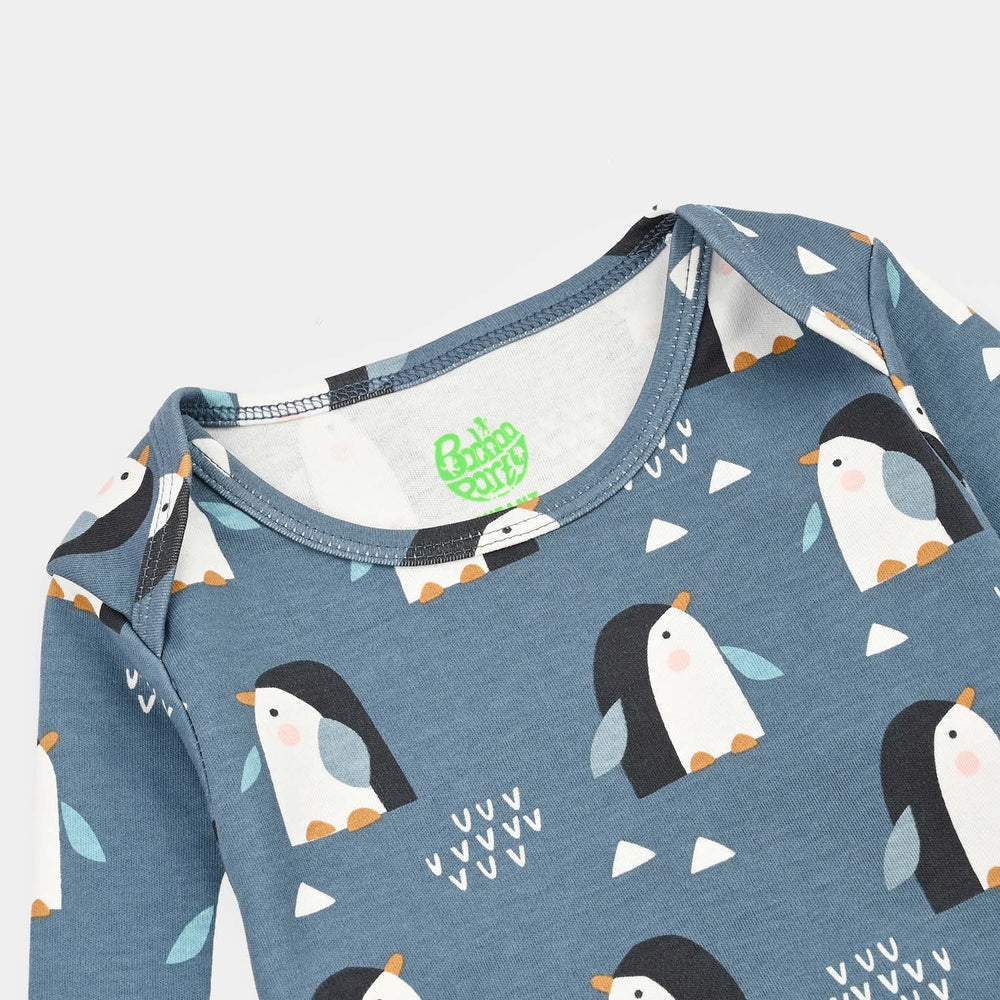 Infant Unisex Yarn Dyed Basic Romper Penguin -Blue