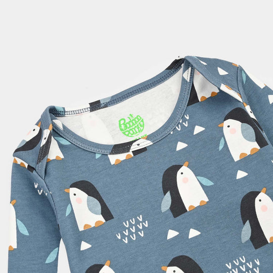 Infant Unisex Yarn Dyed Basic Romper Penguin -Blue