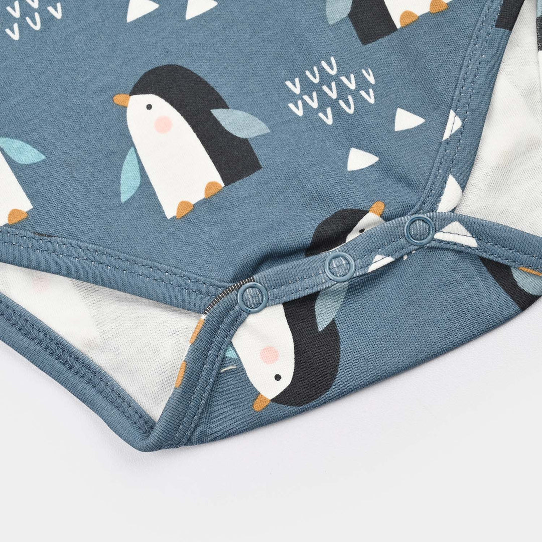 Infant Unisex Yarn Dyed Basic Romper Penguin -Blue