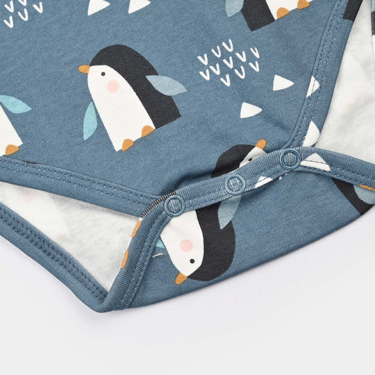 Infant Unisex Yarn Dyed Basic Romper Penguin -Blue