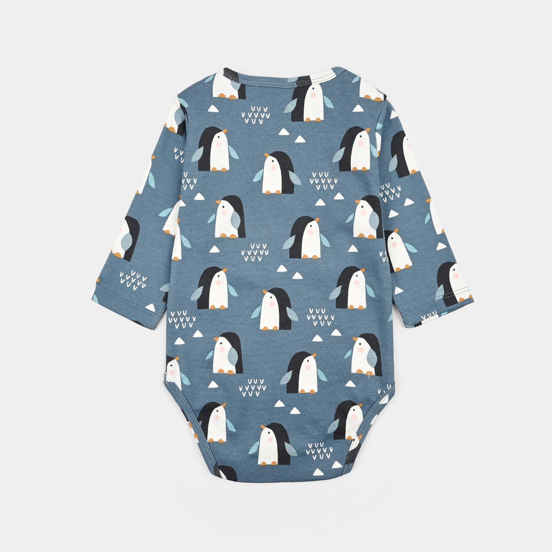 Infant Unisex Yarn Dyed Basic Romper Penguin -Blue