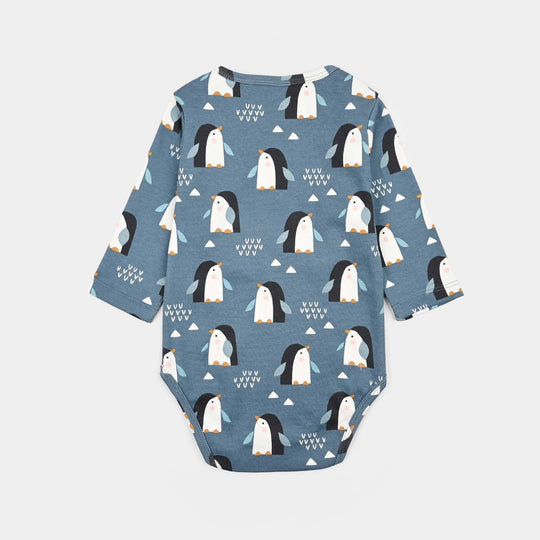 Infant Unisex Yarn Dyed Basic Romper Penguin -Blue
