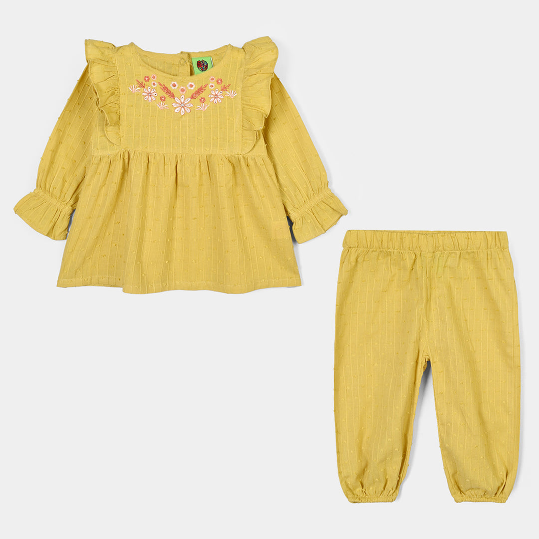 Infant Girls Cotton Jacquard 2Pc Suit-Floral - Yellow