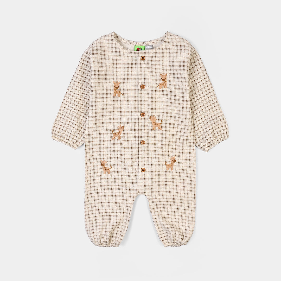 Infant Boys Cotton Woven Romper-Brown Checkered - Off White/Brown