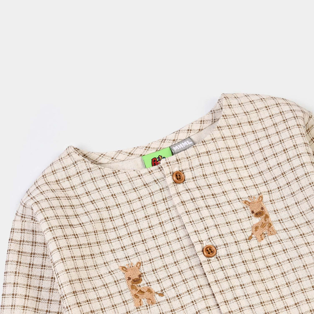 Infant Boys Cotton Woven Romper-Brown Checkered - Off White/Brown