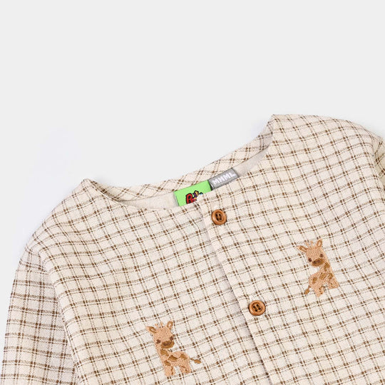Infant Boys Cotton Woven Romper-Brown Checkered - Off White/Brown