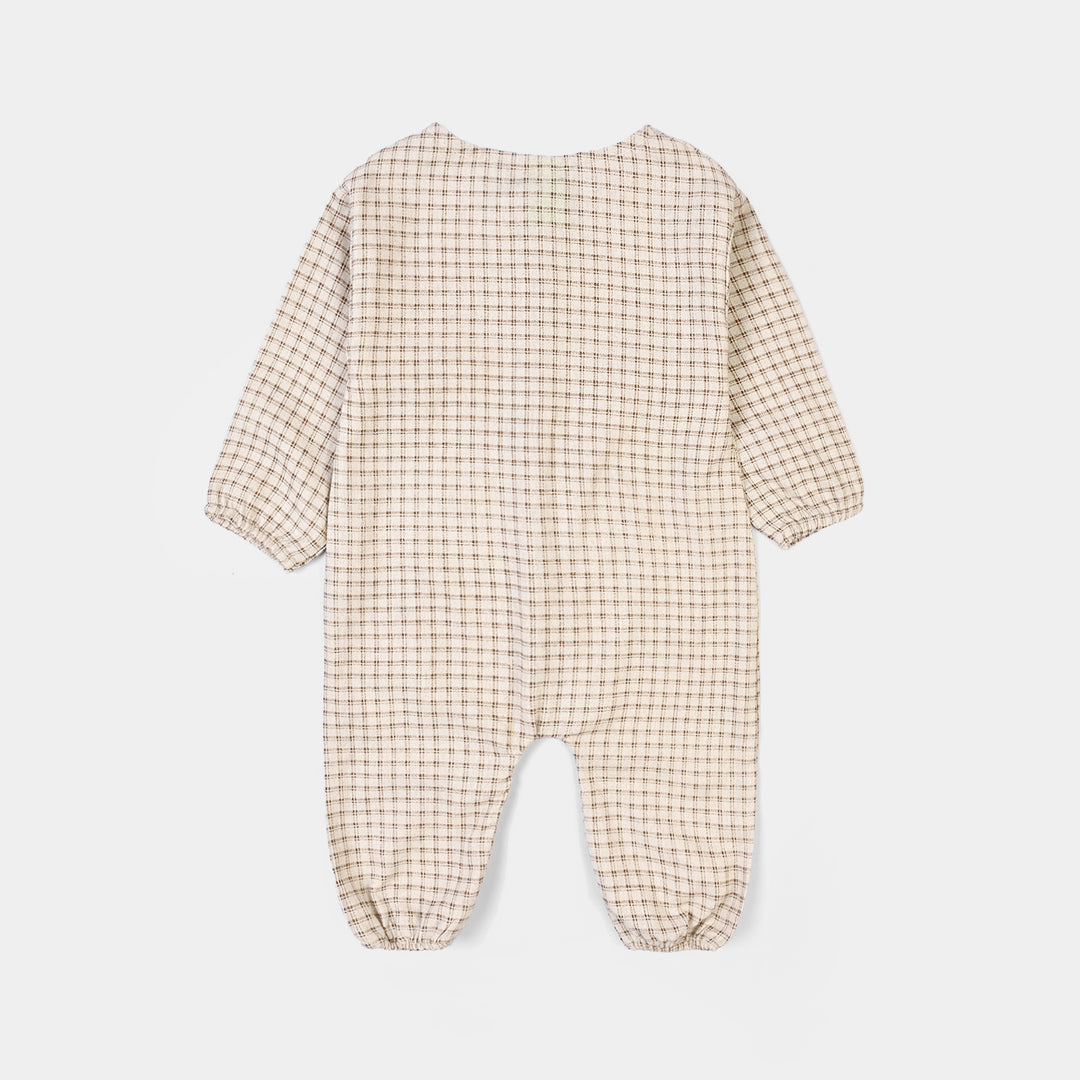 Infant Boys Cotton Woven Romper-Brown Checkered - Off White/Brown