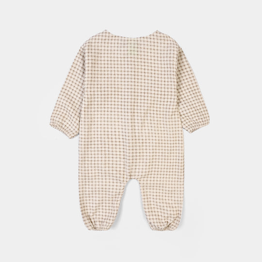 Infant Boys Cotton Woven Romper-Brown Checkered - Off White/Brown