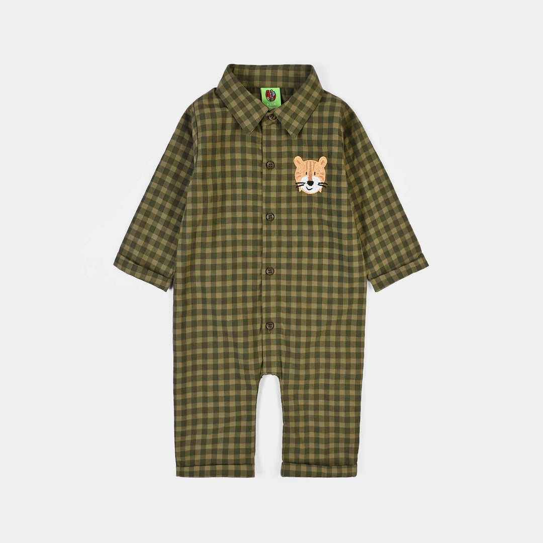Infant Boys Yarn Dyed Woven Romper-Olive - GREEN