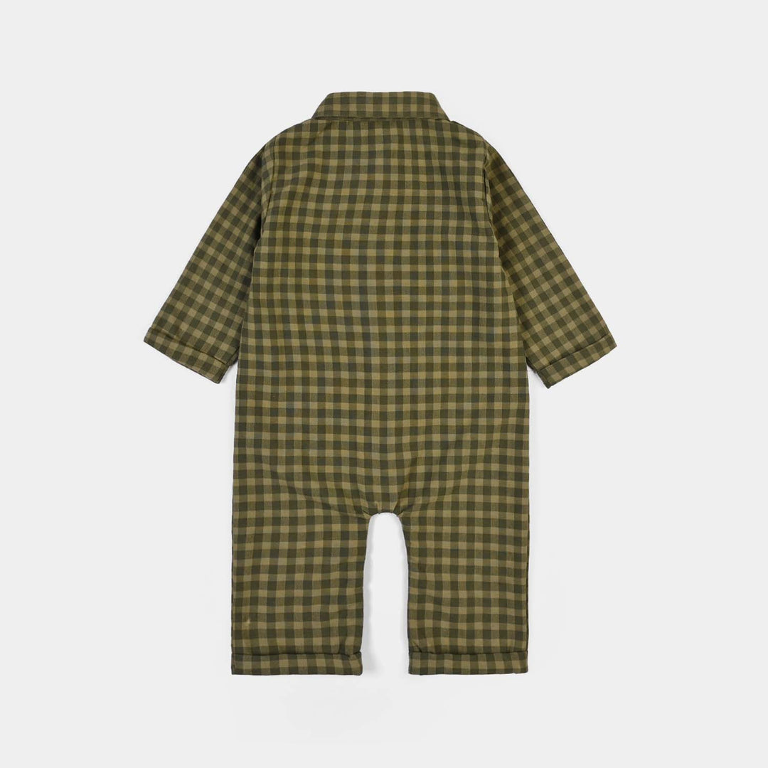 Infant Boys Yarn Dyed Woven Romper-Olive - GREEN