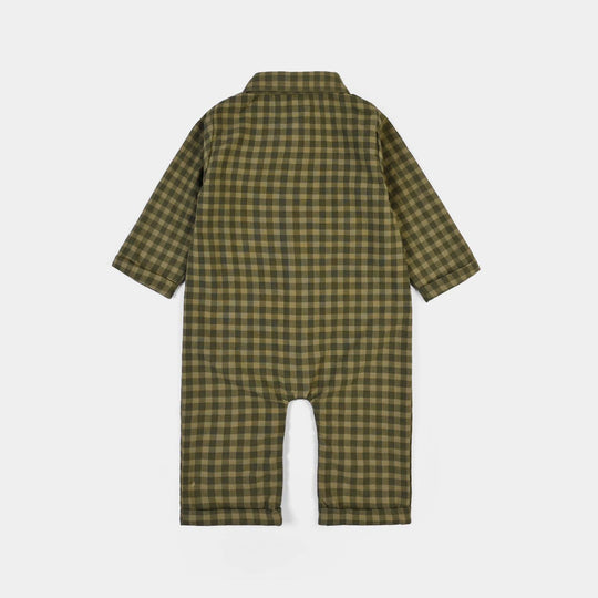 Infant Boys Yarn Dyed Woven Romper-Olive - GREEN