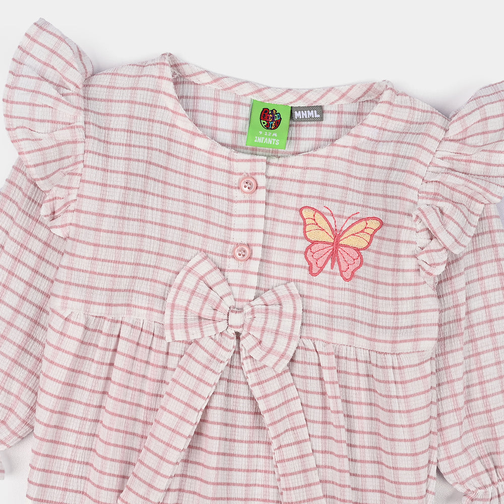 Infant Girls Poly Crinkle Woven Romper-Butterfly - White/Pink
