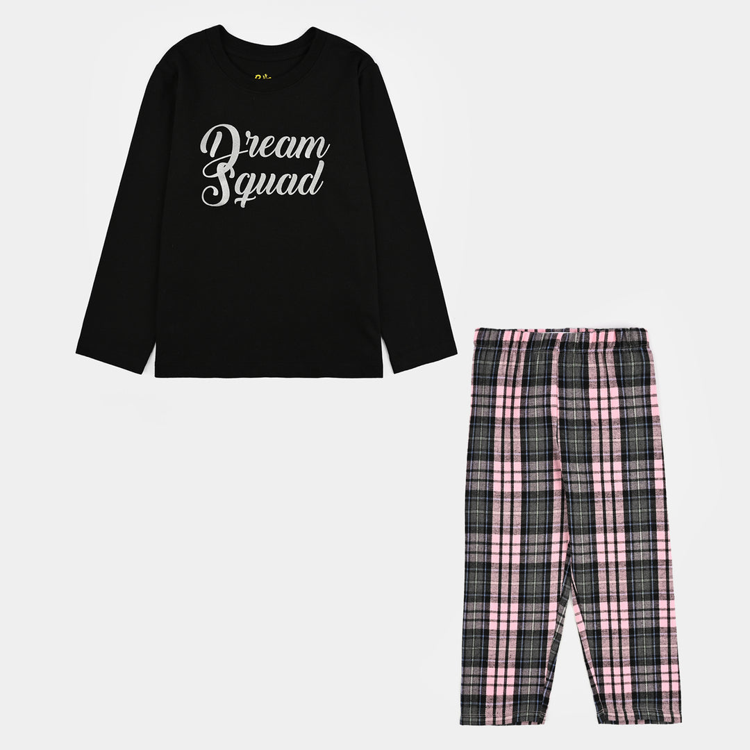Girls Poly Cotton Jersey Night Suit Dream Squad - Black/Pink